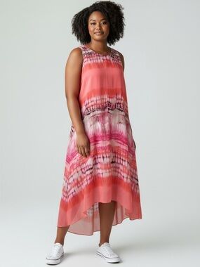 NOTATIONS Tie Dye Ruffled Hem Elastic Waist Sleeveless Summer Dress Plus Size 3X